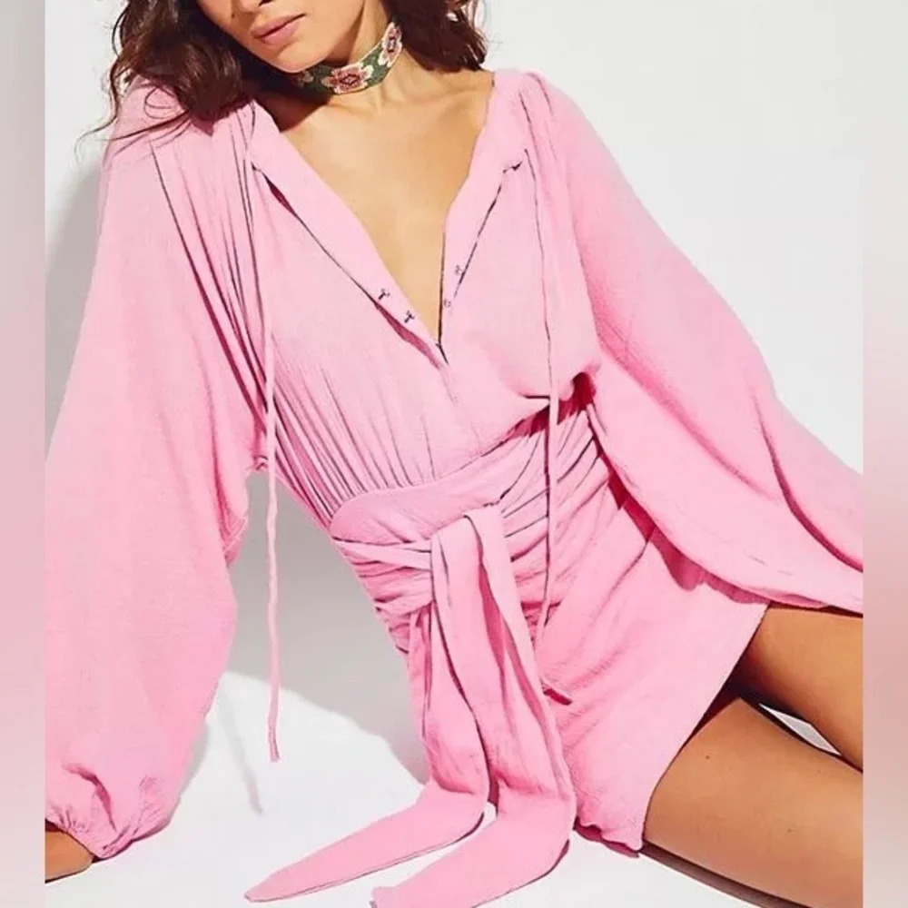 Free People Free-est The Only One Mini Dress Solid Pink Ruched Cotton Sz XS